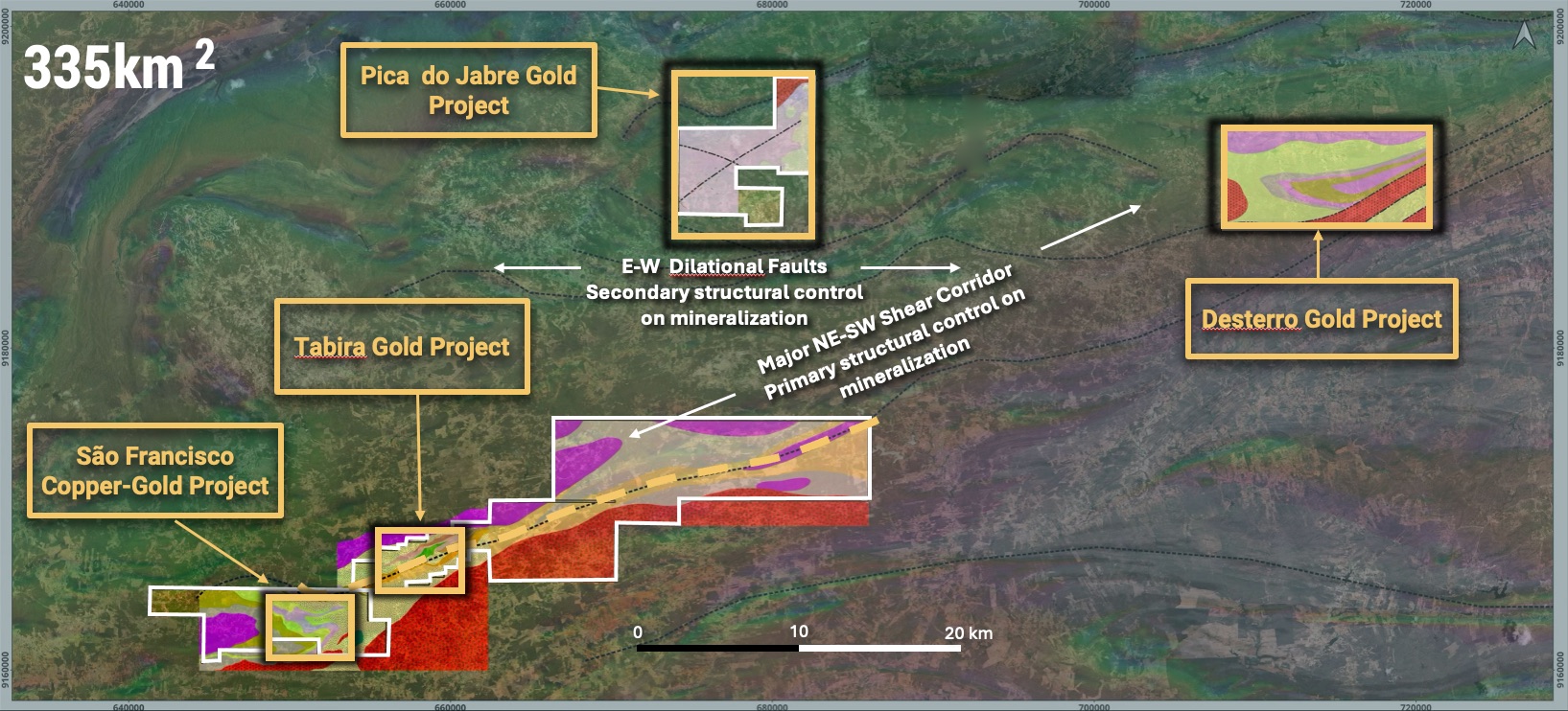 Regional map of Prospectiva&rsquo;s 335&nbsp;km&sup2; Borborema Belt landholding, showing the S&atilde;o Francisco copper-gold project alongside the Tabira, Pico do Jabre and Desterro gold projects, the major northeast&ndash;southwest shear corridor and secondary east&ndash;west dilational faults