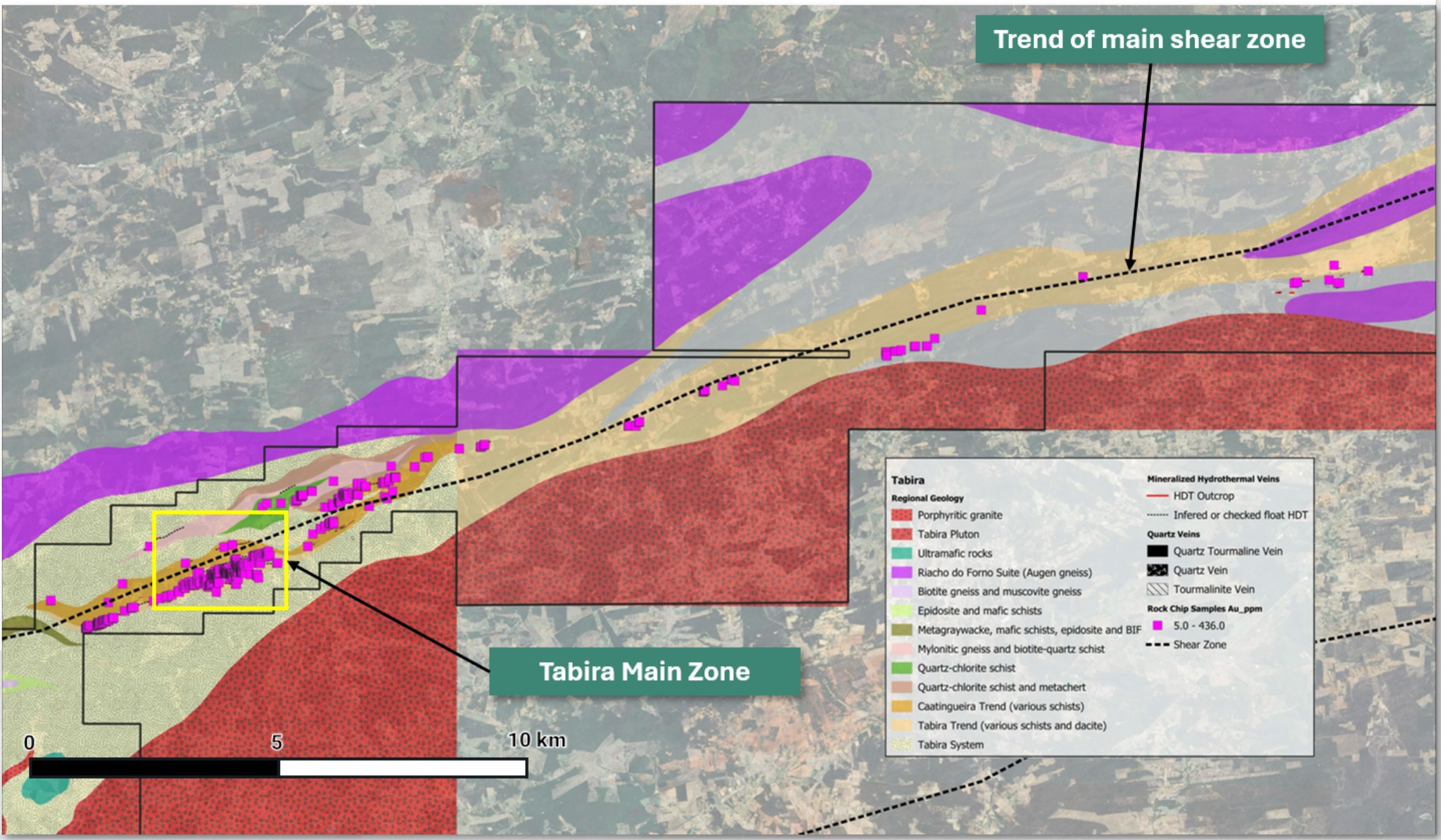 Tabira project geology map showing the northeast&ndash;southwest shear corridor and mapped quartz vein systems